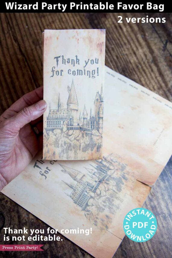 printable favor bag on table. Open and folded.
