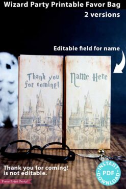 Wizard Party Favor Bags Printable Antique Style Wizard Castle Treat Bags HP Birthday Party Thank You for Coming & Customized Editable Names Press Print Party