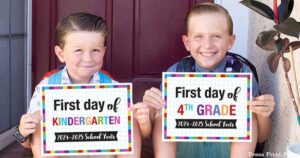 FREE First day of school signs printable - Back to school photo ideas - picture of 2 boys. First day of kindergarten and first day of 4th grade. Back to School. by Press Print Party!