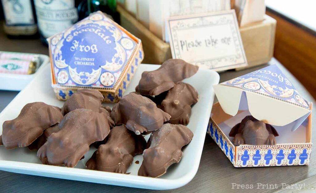 chocolate frogs on plate with chocolate frog box for Harry Potter party