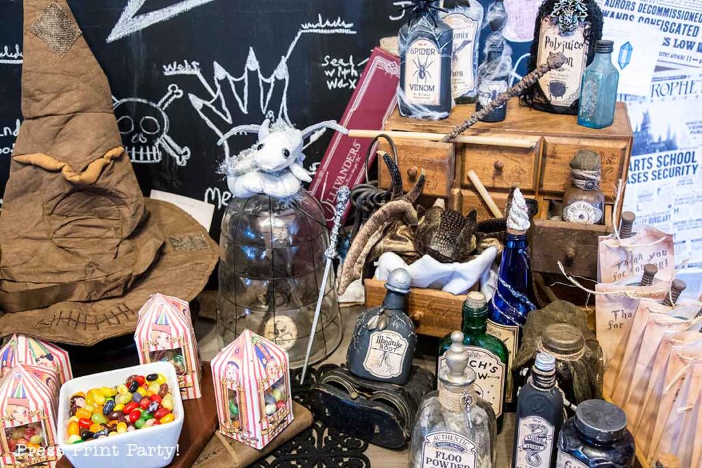 harry potter party ideas dessert table with sorting hat and potion bottles.