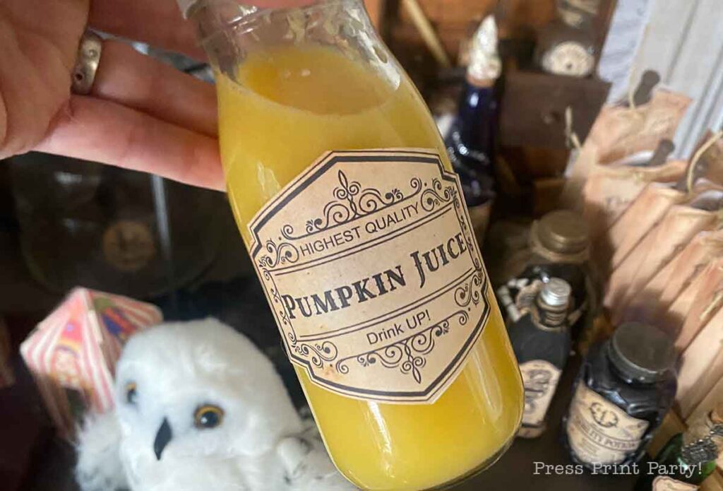 harry potter pumpkin juice bottle with label for scavenger hunt