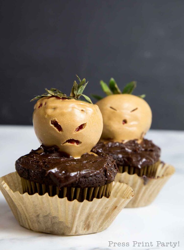 2 harry potter cupcakes mandrakes made with strawberries Press Print Party