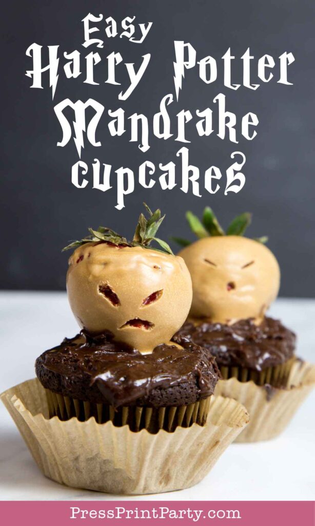 Easy Harry Potter Mandrake Cupcakes with strawberries. Press Print Party!