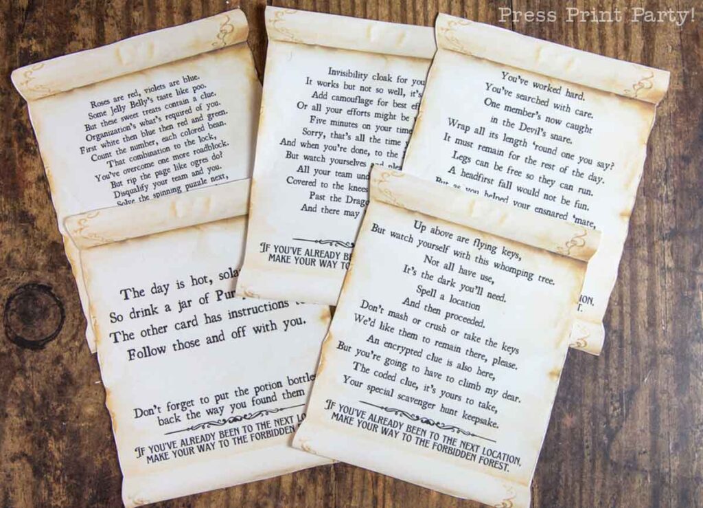 harry potter scavenger hunt clues with free printable scroll