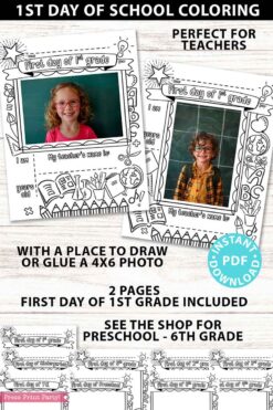 first day of 1st grade coloring page activity worksheet with 4x6 photo frame - Press Print Party