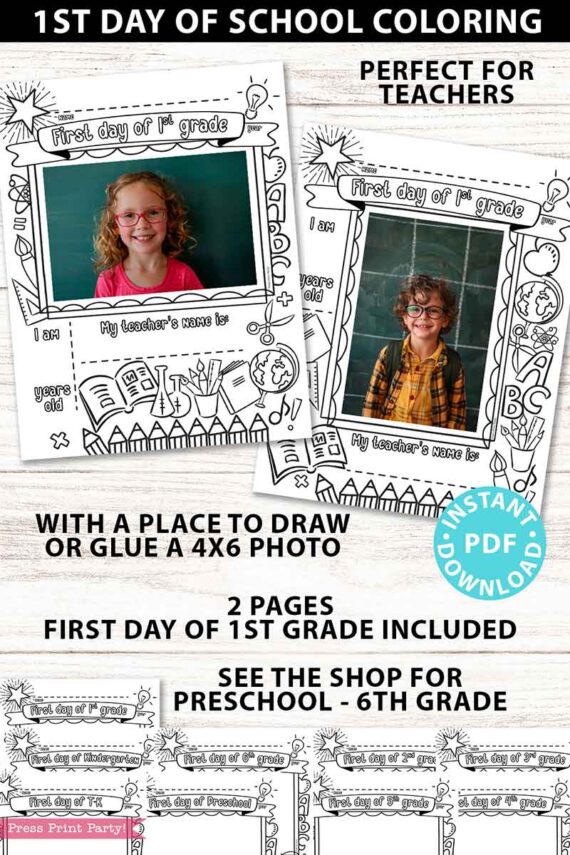 first day of 1st grade coloring page activity worksheet with 4x6 photo frame - Press Print Party