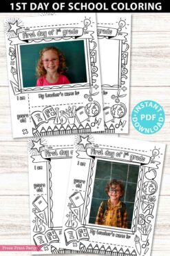 first day of 1st grade coloring page activity worksheet with 4x6 photo frame - Press Print Party
