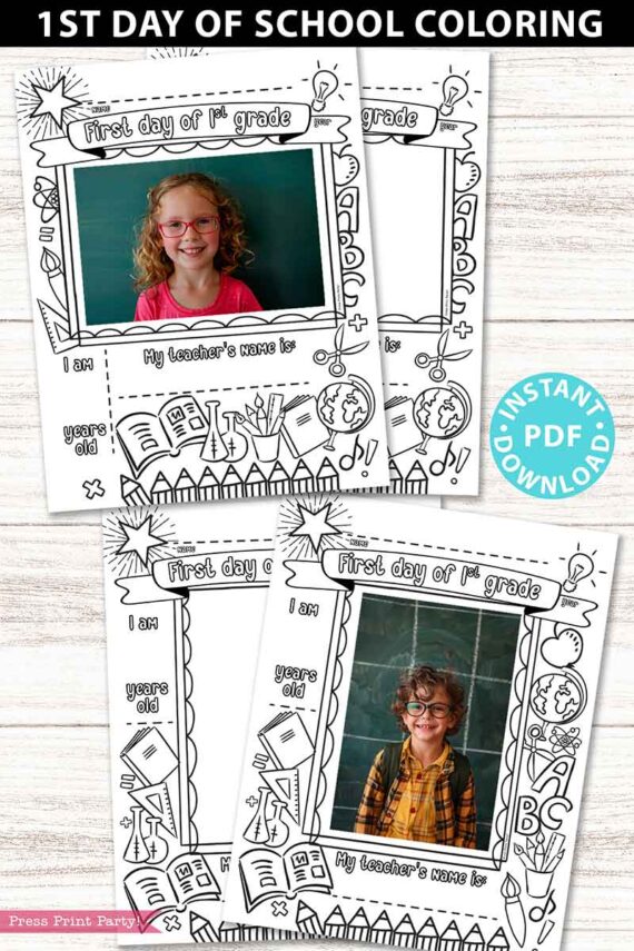 first day of 1st grade coloring page activity worksheet with 4x6 photo frame - Press Print Party