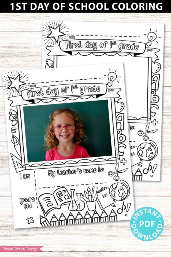 first day of 1st grade coloring page activity worksheet with 4x6 photo frame - Press Print Party