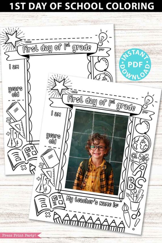 first day of 1st grade coloring page activity worksheet with 4x6 photo frame - Press Print Party