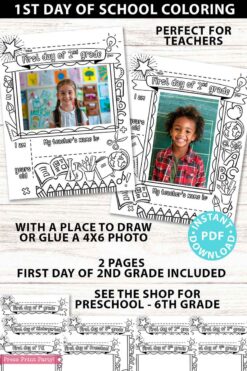first day of 2nd grade coloring page activity worksheet with 4x6 photo frame - Press Print Party