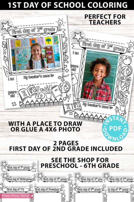 first day of 2nd grade coloring page activity worksheet with 4x6 photo frame - Press Print Party