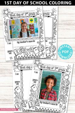 first day of 2nd grade coloring page activity worksheet with 4x6 photo frame - Press Print Party