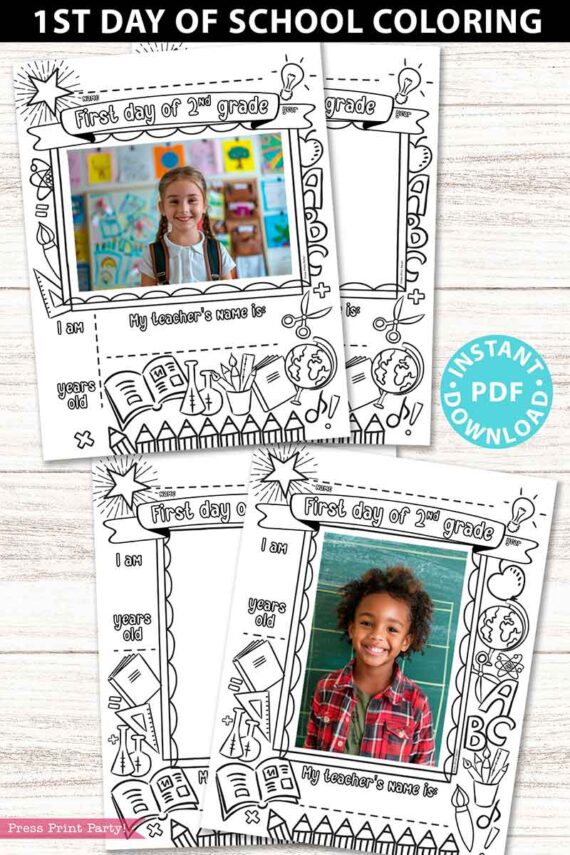 first day of 2nd grade coloring page activity worksheet with 4x6 photo frame - Press Print Party