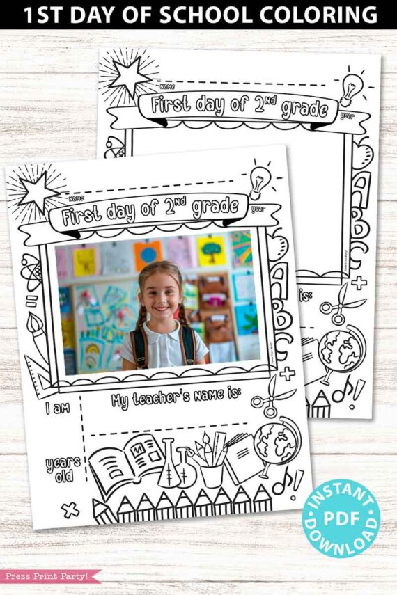 first day of 2nd grade coloring page activity worksheet with 4x6 photo frame - Press Print Party