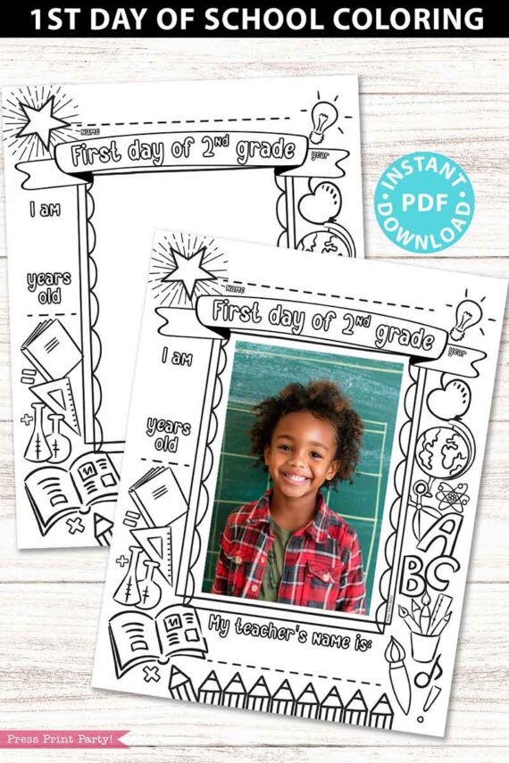 first day of 2nd grade coloring page activity worksheet with 4x6 photo frame - Press Print Party