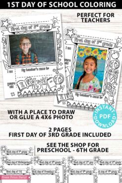 first day of 3rd grade coloring page activity worksheet with 4x6 photo frame - Press Print Party
