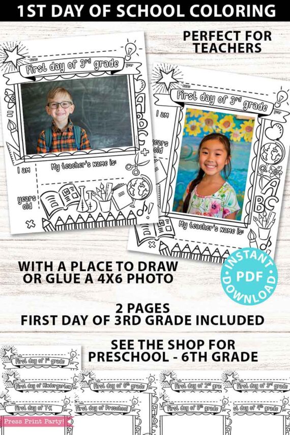 first day of 3rd grade coloring page activity worksheet with 4x6 photo frame - Press Print Party