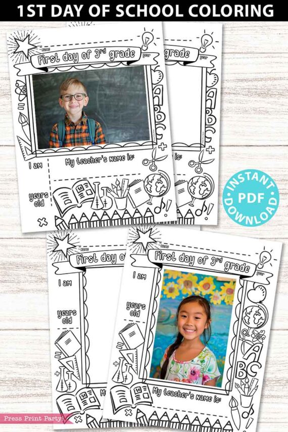 first day of 3rd grade coloring page activity worksheet with 4x6 photo frame - Press Print Party