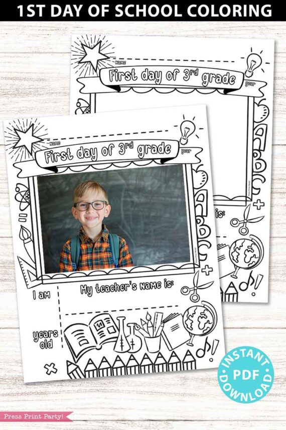 first day of 3rd grade coloring page activity worksheet with 4x6 photo frame - Press Print Party