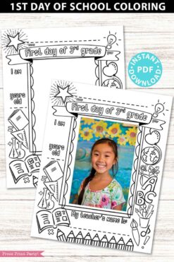 first day of 3rd grade coloring page activity worksheet with 4x6 photo frame - Press Print Party