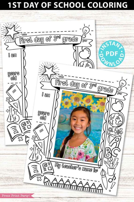 first day of 3rd grade coloring page activity worksheet with 4x6 photo frame - Press Print Party