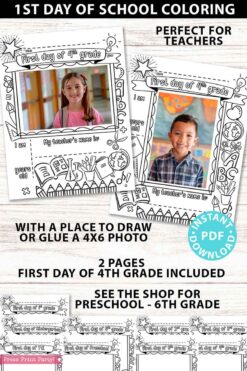 first day of 4th grade coloring page activity worksheet with 4x6 photo frame - Press Print Party