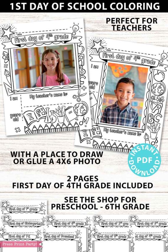 first day of 4th grade coloring page activity worksheet with 4x6 photo frame - Press Print Party