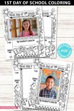 first day of 4th grade coloring page activity worksheet with 4x6 photo frame - Press Print Party