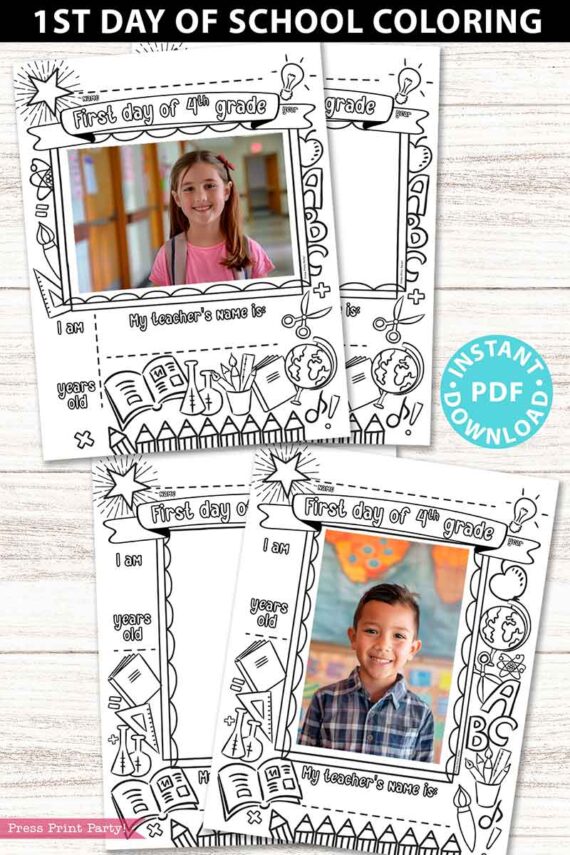 first day of 4th grade coloring page activity worksheet with 4x6 photo frame - Press Print Party