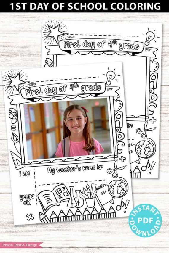 first day of 4th grade coloring page activity worksheet with 4x6 photo frame - Press Print Party