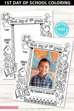 first day of 4th grade coloring page activity worksheet with 4x6 photo frame - Press Print Party
