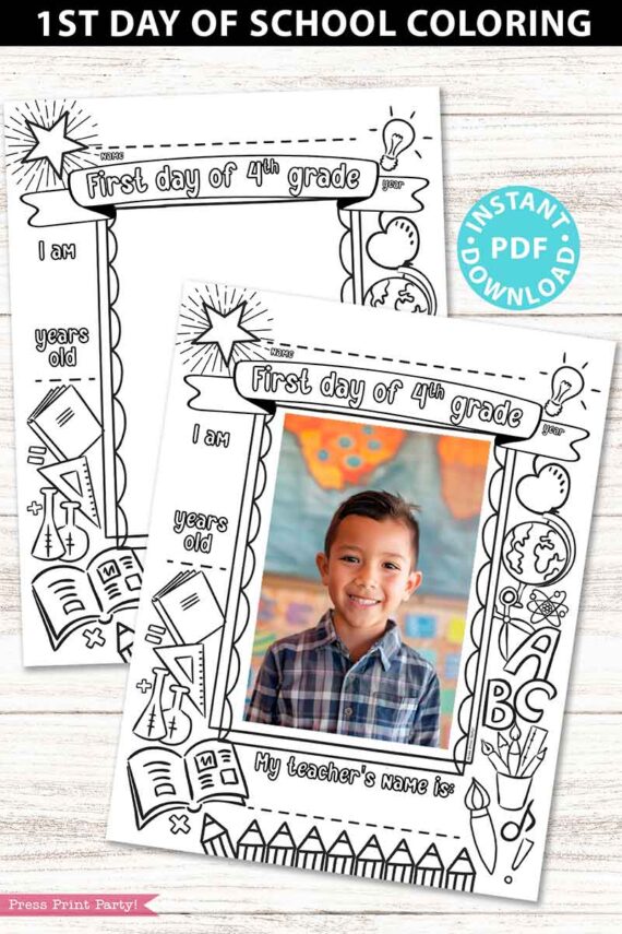 first day of 4th grade coloring page activity worksheet with 4x6 photo frame - Press Print Party