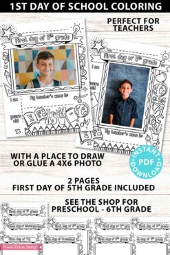 first day of 5th grade coloring page activity worksheet with 4x6 photo frame 1st day of school - Press Print Party