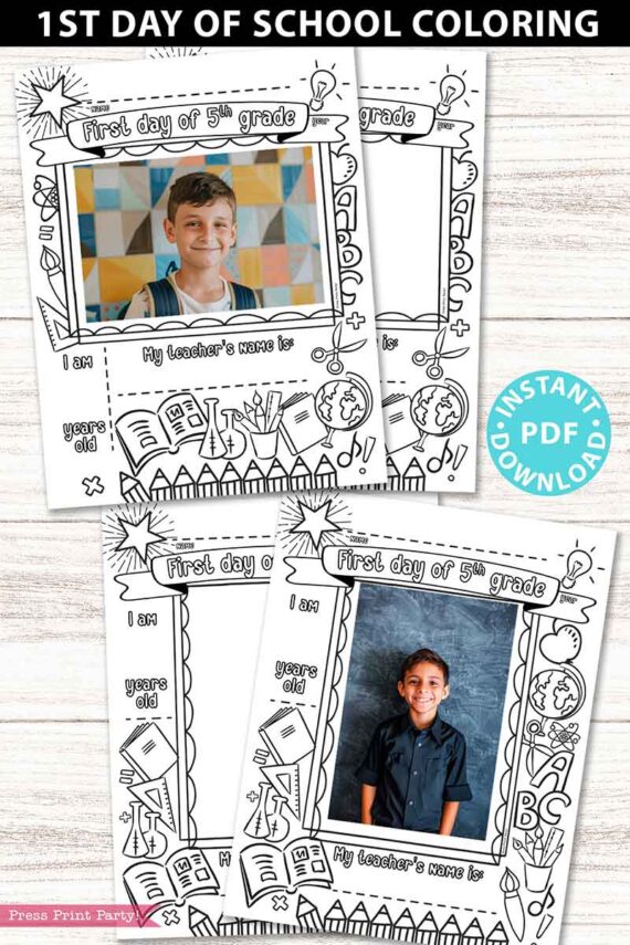 first day of 5th grade coloring page activity worksheet with 4x6 photo frame 1st day of school - Press Print Party