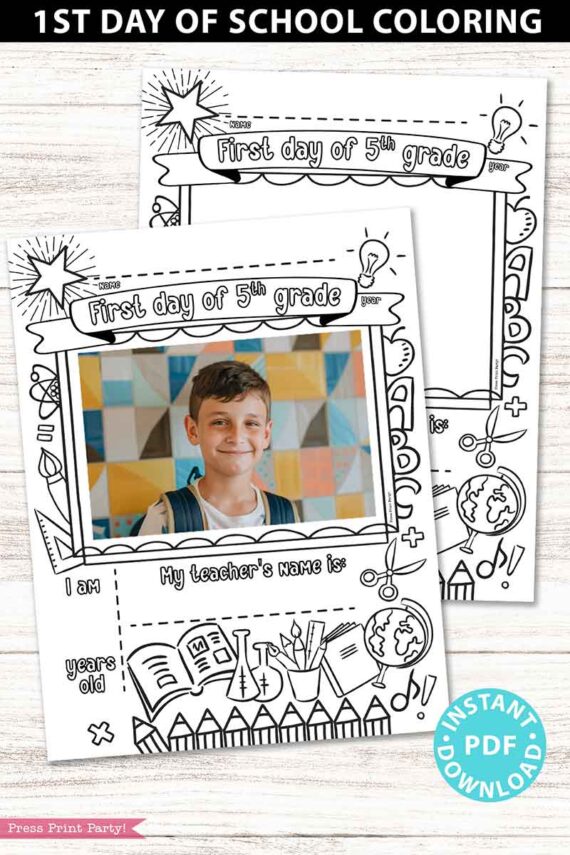 first day of 5th grade coloring page activity worksheet with 4x6 photo frame 1st day of school - Press Print Party