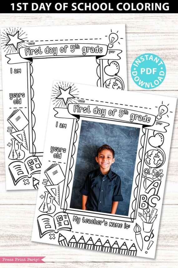 first day of 5th grade coloring page activity worksheet with 4x6 photo frame 1st day of school - Press Print Party