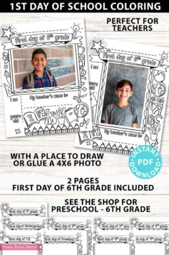first day of 6th grade coloring page activity worksheet with 4x6 photo frame 1st day of school - Press Print Party
