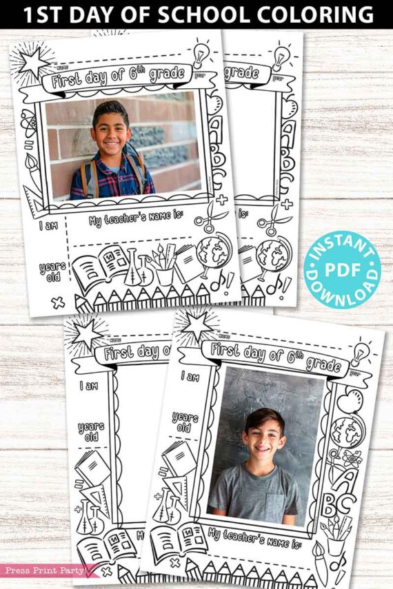 first day of 6th grade coloring page activity worksheet with 4x6 photo frame 1st day of school - Press Print Party