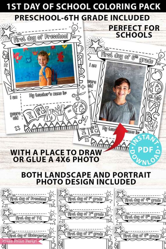 first day of school all grades coloring page activity worksheet with 4x6 photo frame 1st day of school - Press Print Party
