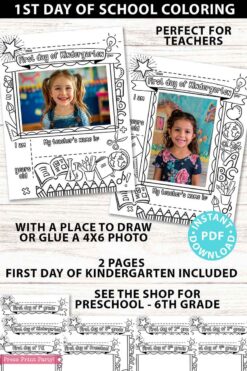first day of kindergarten grade coloring page activity worksheet with 4x6 photo frame 1st day of school - Press Print Party
