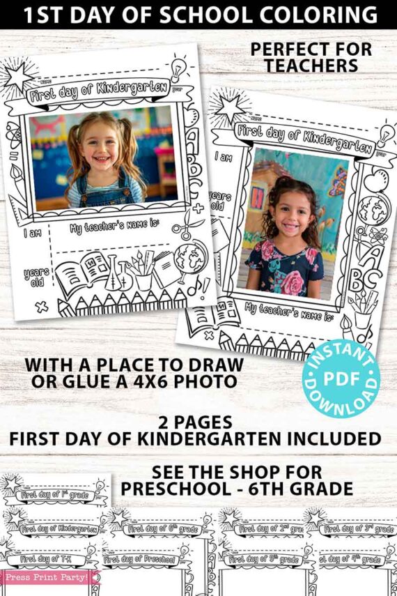 first day of kindergarten grade coloring page activity worksheet with 4x6 photo frame 1st day of school - Press Print Party