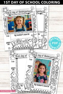 first day of kindergarten grade coloring page activity worksheet with 4x6 photo frame 1st day of school - Press Print Party