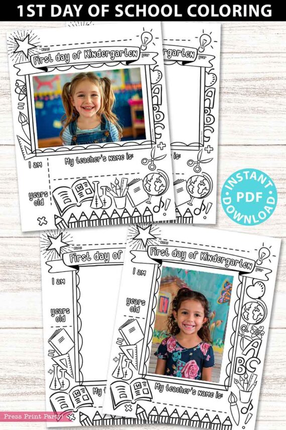 first day of kindergarten grade coloring page activity worksheet with 4x6 photo frame 1st day of school - Press Print Party