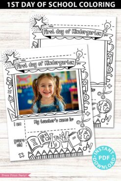 first day of kindergarten grade coloring page activity worksheet with 4x6 photo frame 1st day of school - Press Print Party