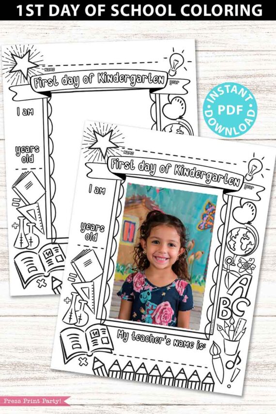 first day of kindergarten grade coloring page activity worksheet with 4x6 photo frame 1st day of school - Press Print Party