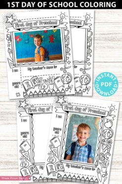 first day of preschool grades coloring page activity worksheet with 4x6 photo frame - Press Print Party