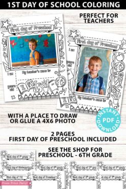 first day of preschool grades coloring page activity worksheet with 4x6 photo frame - Press Print Party