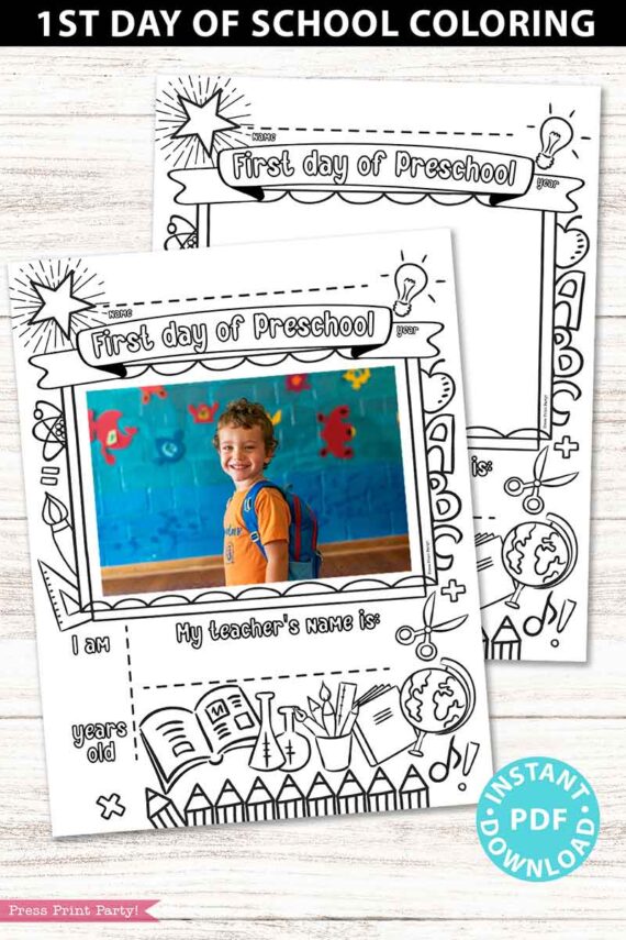first day of preschool grades coloring page activity worksheet with 4x6 photo frame - Press Print Party